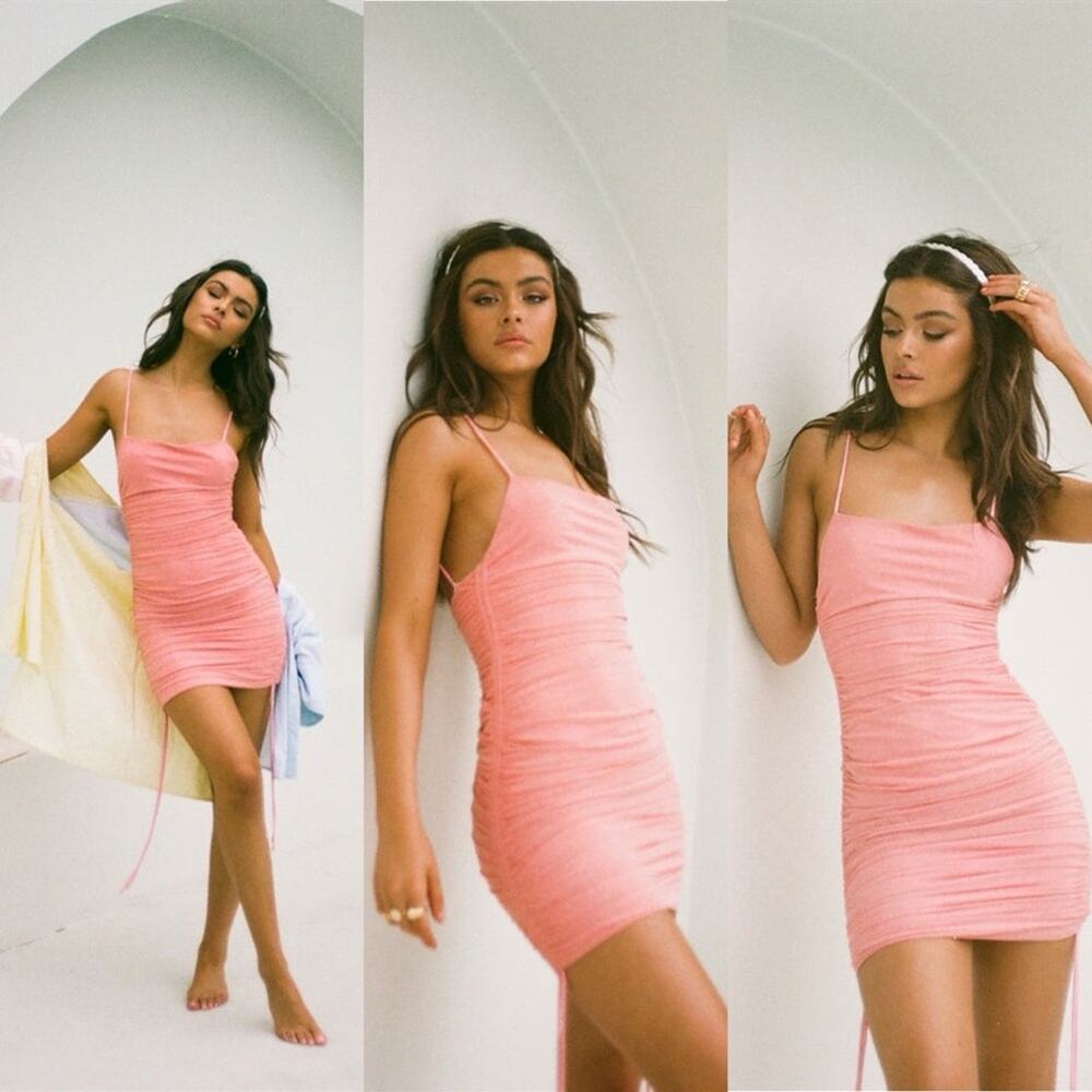 Sabo Skirt Coral Pink Ruched Spaghetti Strap Mini Dress